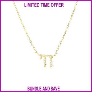14K Gold Plated Chai Necklace, Cubic Zirconia Pendant, 16" Adjustable
